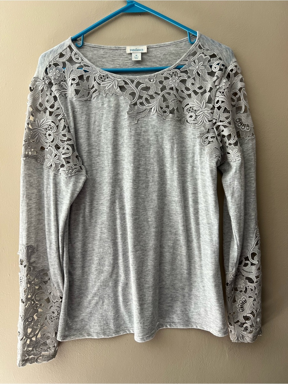 Sundance Lovelier Days Long sleeve T shirt with floral lace to neckline sleeves.